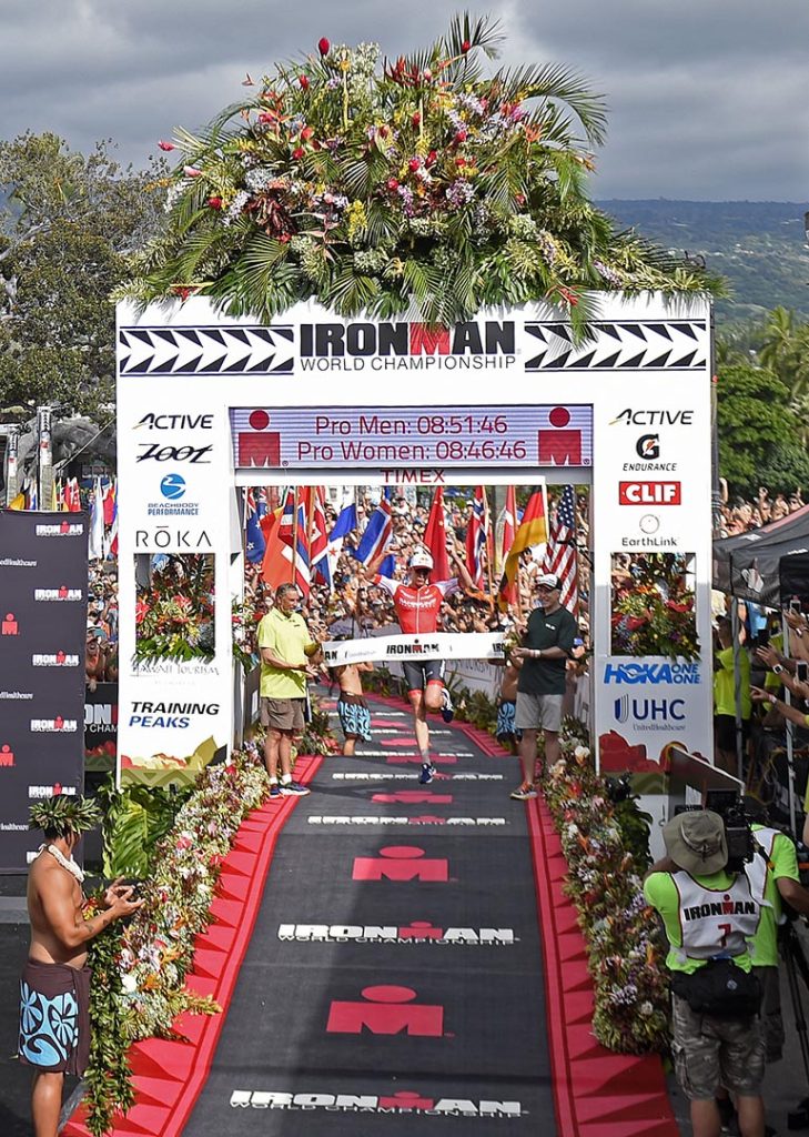 KAILUA-KONA, HI - OCTOBER 8: Daniella Ryf of Switzerland crosses the finish line as the 1st place Professional Female in a time of 8:46.46 during the the 2016 IRONMAN Triathlon World Championships in Kailua-Kona, Hawaii on October 8, 2016. (Donald Miralle for Ironman)